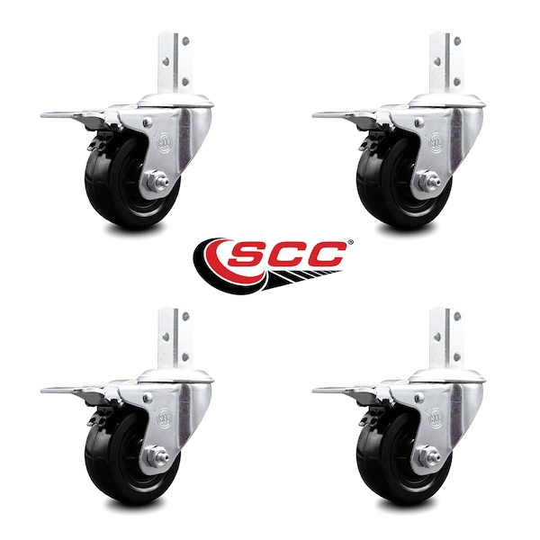 3.5 Inch Hard Rubber Swivel 3/4 Inch Square Stem Caster Set Total Lock Brake SCC